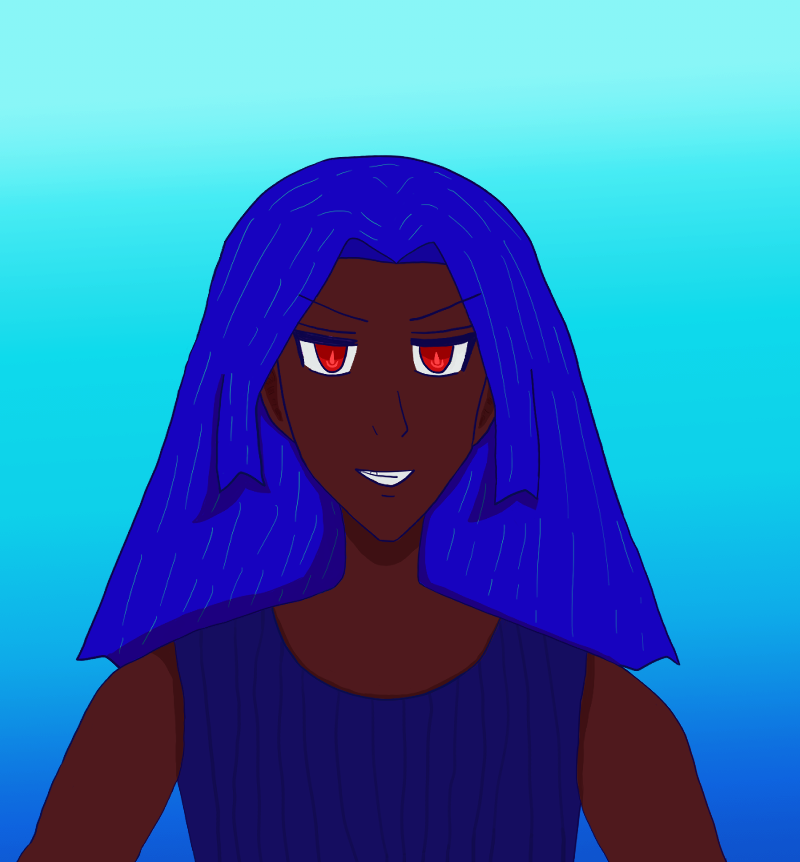 Antonio Chandrani-Rivera at about 20 years old with blue hair like waves, red eyes, brown skin, and wearing a dark blue sleeveless shirt with implied soft texture via the lining. The BG is a aqua to light blue vaguely swimming-pool color gradient. In this Antonio has a brash grin with drawn brows to match.